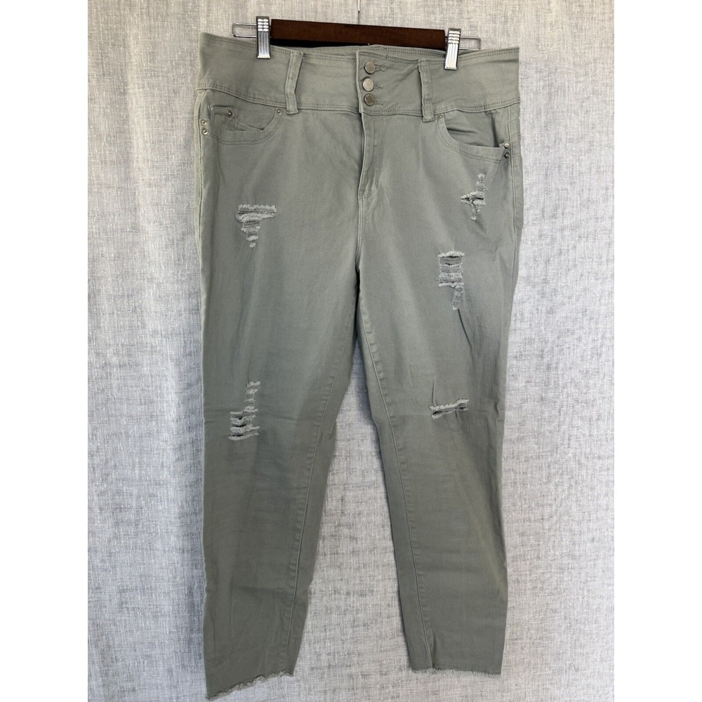 YMI Women's Jeans Size 15 Mid Rise Olive Green Stretchy Raw Hem Distressed